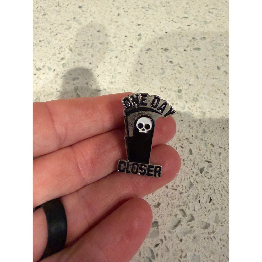 One Day Closer Enamel Pin Goth Skull Tombstone Grim Reaper Brooch